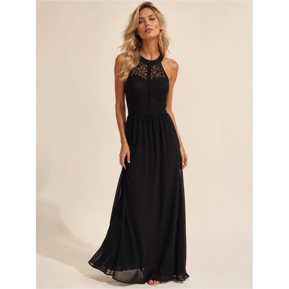 Wedtrend Black Lace Halter Maxi Dress Elegant Formal Wedding Guest S